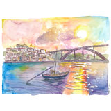 Porto Portugal Old City With Ponte Luis I And Sunset Print by Martina Bleichner