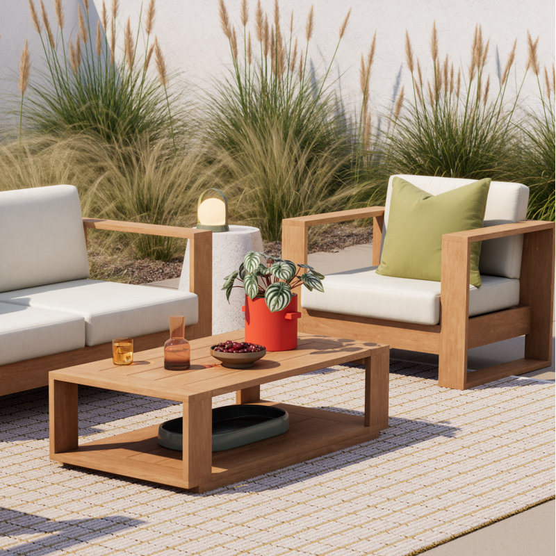 Shay 48" Outdoor Coffee Table In Oiled Eucalyptus
