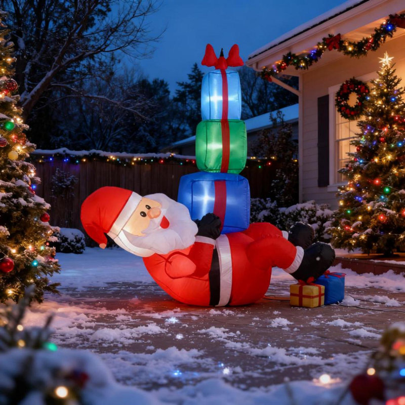 Décoration de Noël gonflable Père Noël suspendu sous trois boîtes-cadeaux, présentoir extérieur pour les Fêtes