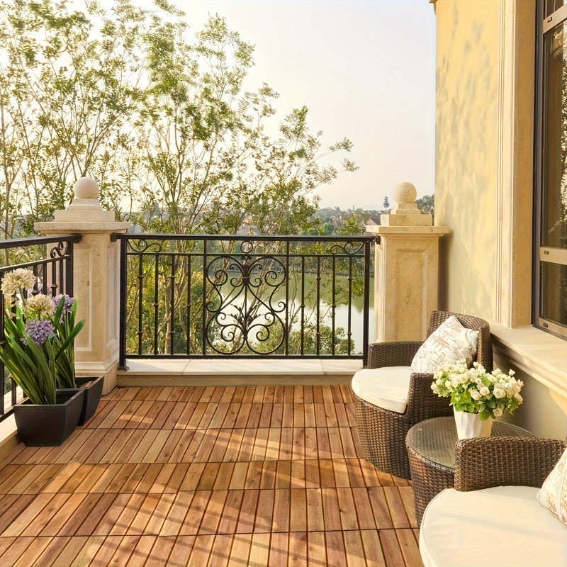 10 tuiles de terrasse en bois d'acacia imbriquées 11,8 po x 11,8 po - Revêtement de sol extérieur pour patio, jardin, balcon ou bord de piscine