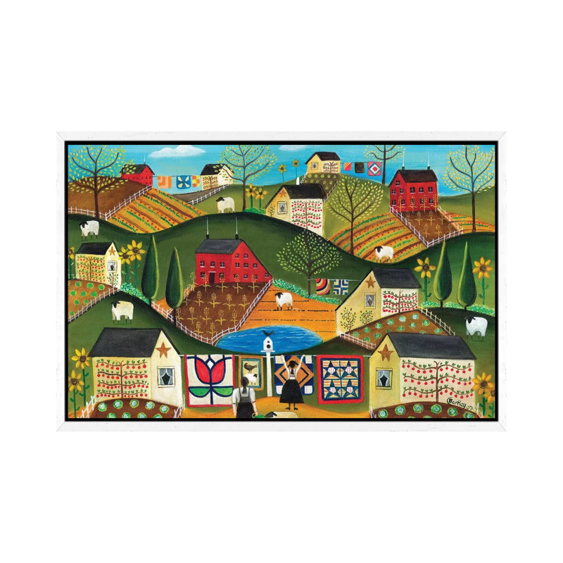 Country Garden Folk Art Quilts by Cheryl Bartley - Painting on Canvas, White Framed, 45.72cm H x 66.04cm W x 3.81cm D