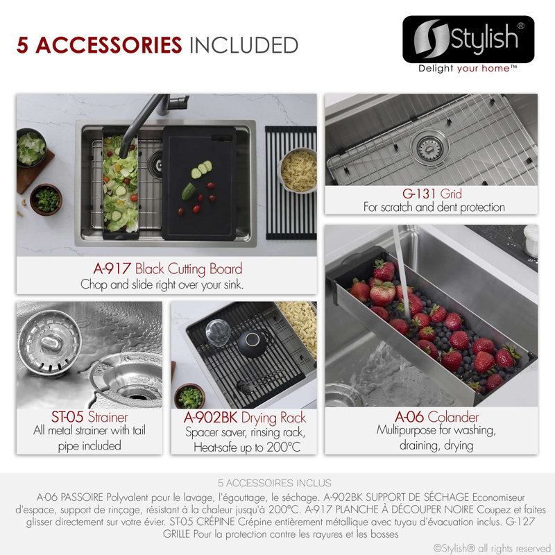 Élégant évier de cuisine à double cuve en acier inoxydable 31 po avec accessoires