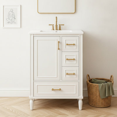 Meuble-lavabo compact de 61 cm (24 po) avec lavabo en céramique, armoire en MDF, rangement, design moderne