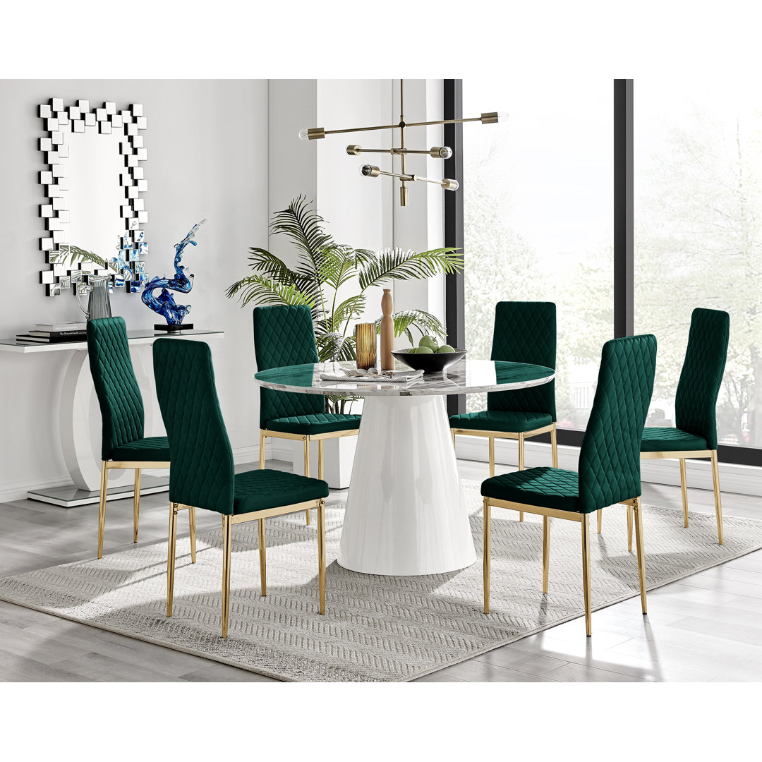 Edzard Statement Pedestal Round Dining Table Set & 6 Luxury Velvet Dining Chairs