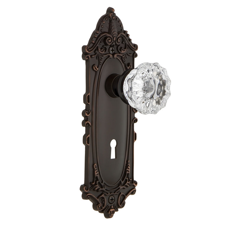 Plaque victorienne avec trou de serrure décoratif et poignée de porte en cristal, Bronze frotté à l'huile, Confidentialité