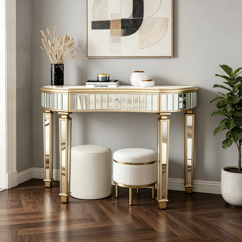 Console de 47 po avec miroir en demi-lune et miroir en verre cannelé, Argent / doré