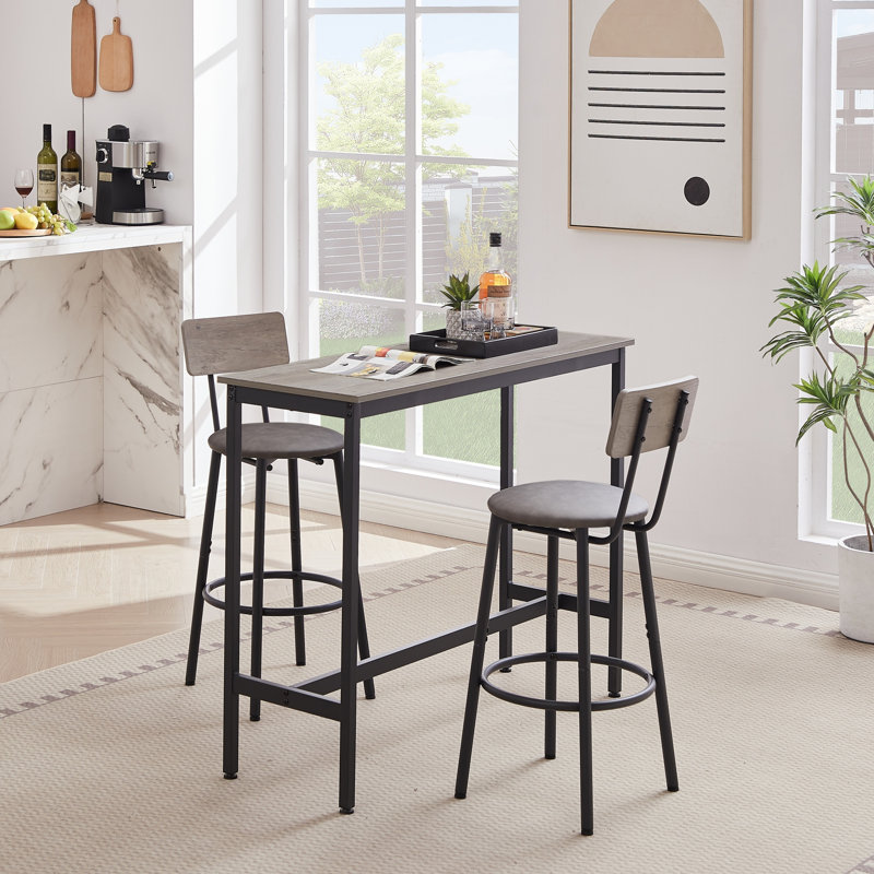 Ensemble de table de bar avec 2 tabourets de bar à assise souple en polyuréthane avec dossier gris L 43,31 po x l 15,75 po x H 35,43 po