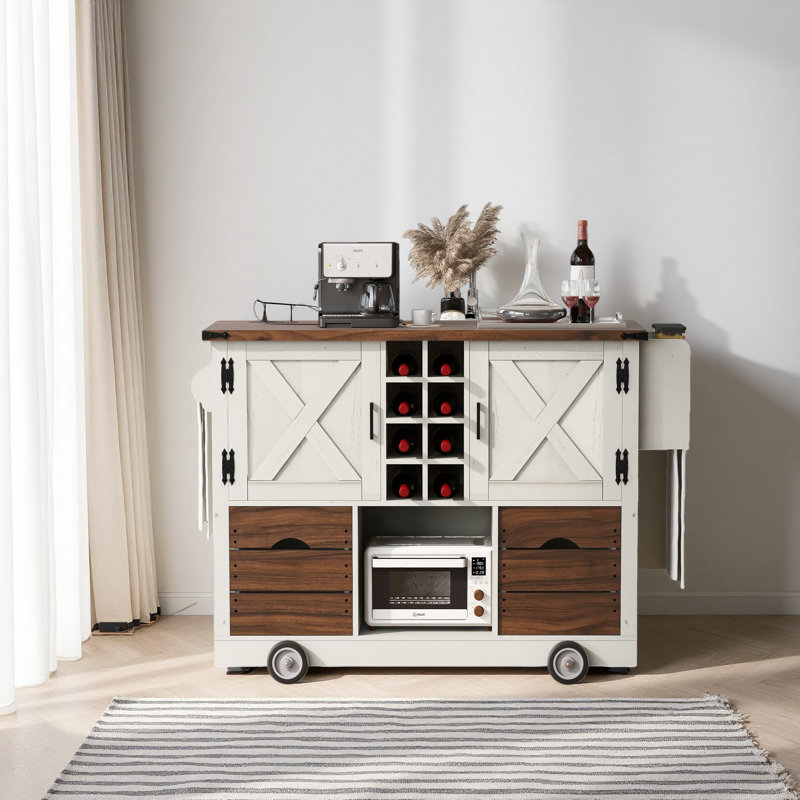 54" Farmhouse Kitchen Island With Drop Leaf, Power Outlet, Kitchen Storage Cart With 2 Doors, 2 Drawers, Rolling Kitchen Island On 4 Large Wheels With Spice Rack For Kitchen, Dining Room