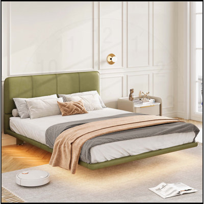Structure de lit flottante moderne en cuir synthétique avec lumière DEL, aucun sommier requis, assemblage facile, grand