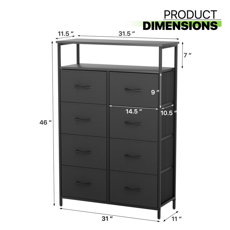 Commode double 8 tiroirs 31,5 po Waltrude, Noir