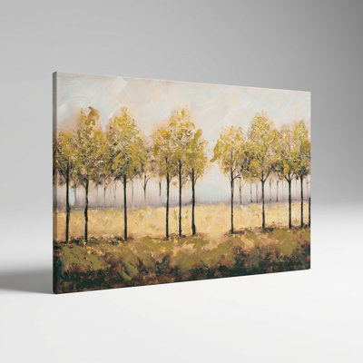 Exquisite Hand-Embellished Gold Leaf and Stone Textured Abstract Forest Canvas Wall Art in Wooden Frame for Living Room and Bedroom Decor