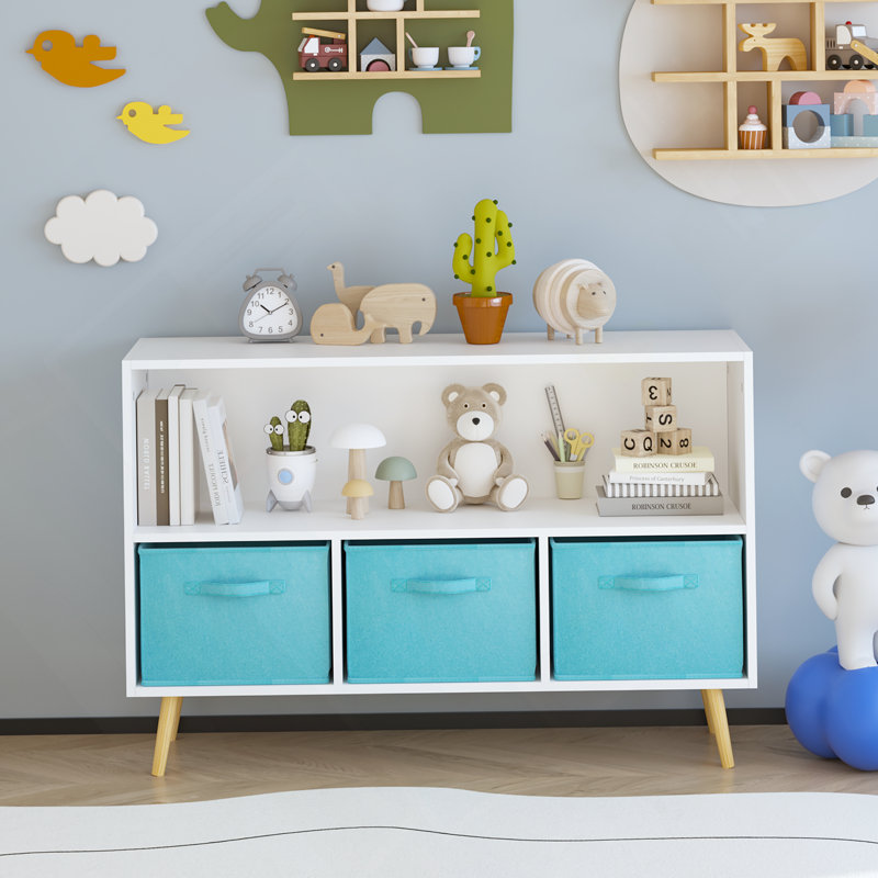 Bibliothèque pour enfants avec tiroirs en tissu pliables, présentoir à livres pour enfants, armoire de rangement pour jouets, blanc / bleu
