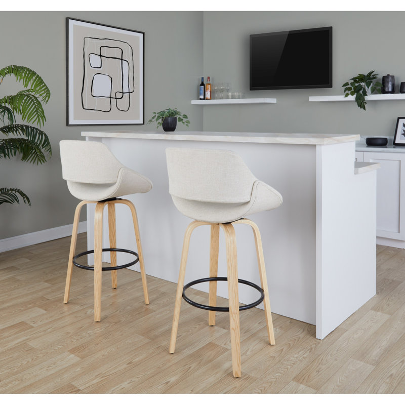 Tabouret de bar Mid-Century moderne à hauteur fixe avec pivot, Beige Seat/Natural/Black Frame
