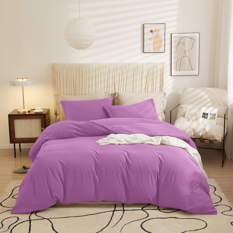 Ultra Soft 3-Piece Dyed Duvet Cover Set With Pillowcases, Purple, Kingsize Duvet Cover + 2 Standard Pillowcases