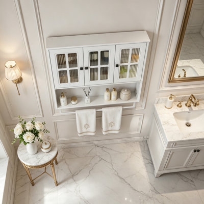 Armoire murale en bois à 3 portes avec porte-serviettes et verre