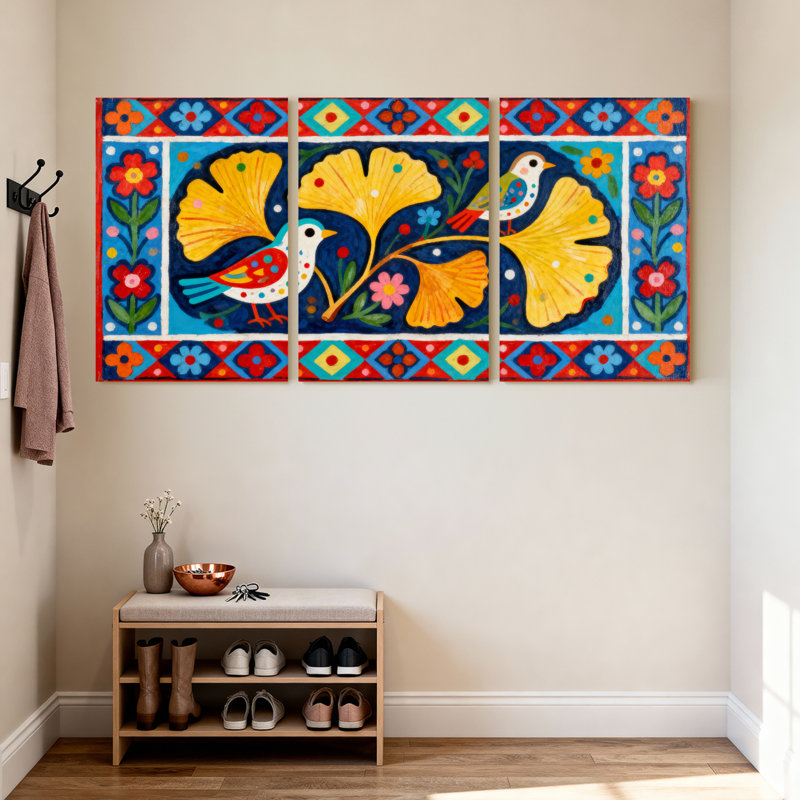 Art populaire mexicain : oiseaux et fleurs, toile tendue sur châssis (lot de 3), H 24 po x l 48 po