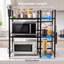 3-Tier Expandable Microwave Shelf, Height & Width Adjustable Black Worktop Organiser with Hooks, Knife Holder, Chopping Board Rack & Cutlery Box for Cluttered Kitchens