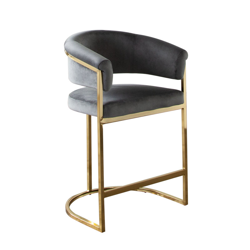 Solstice Counter Height Chair In Grey Velvet W/ Polished Gold Metal Frame, Gray