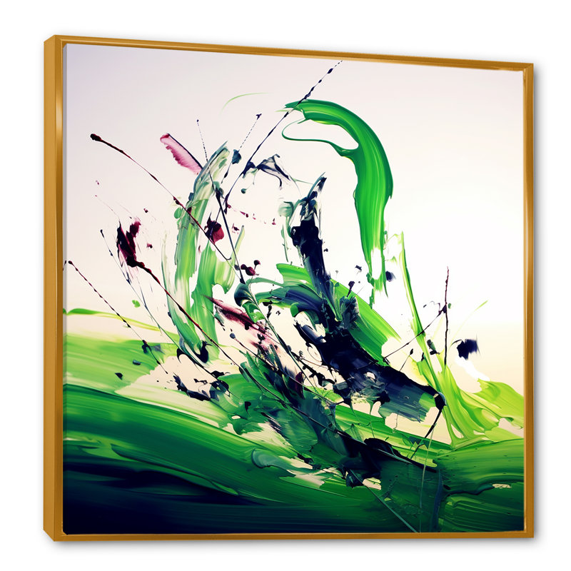 «Green and White Abstract Ink Expression IV», art mural abstrait, H 16 po x l 16 po x P 1 po, Cadre flottant doré