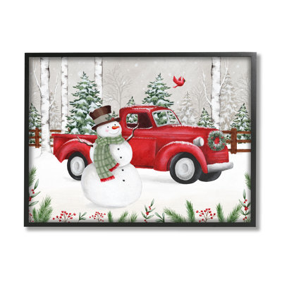 Hiver, pays des merveilles, bonhomme de neige, cardinal, camion rouge enneigé, estampe numérique encadrée, art texturé par Emma Leach