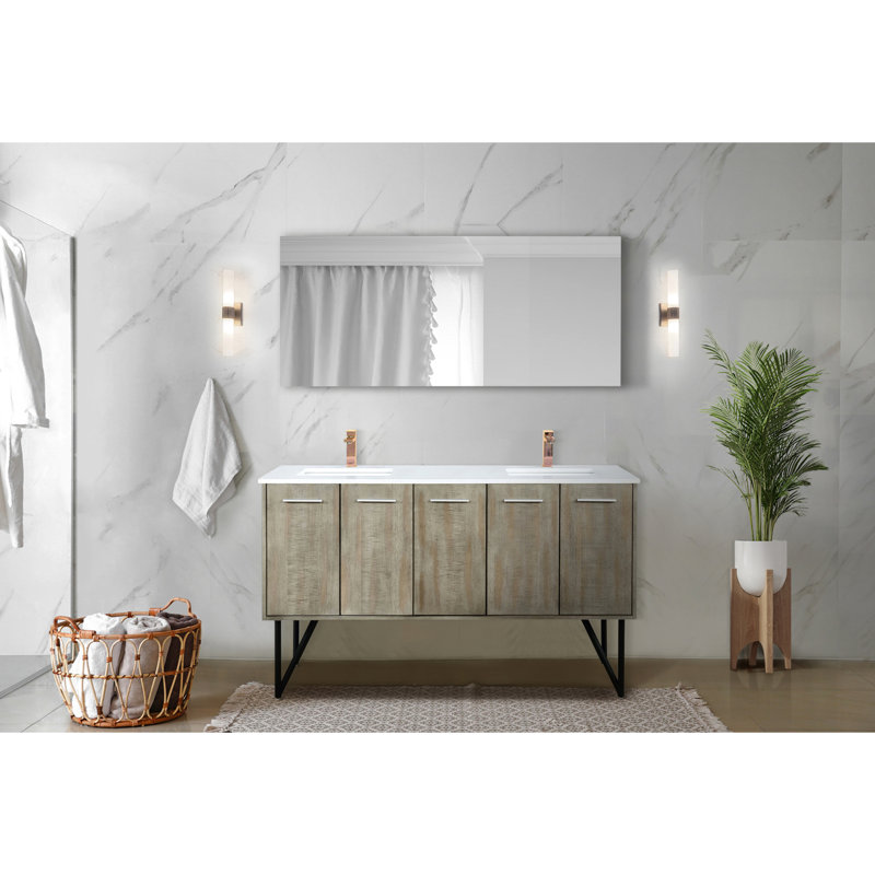 Meuble-lavabo double 60 po Rustic L 20 po x P 20 po, comptoir en marbre de culture, robinet en or rose, miroir 55 - Surface gracieuse, élégante et fonctionnelle