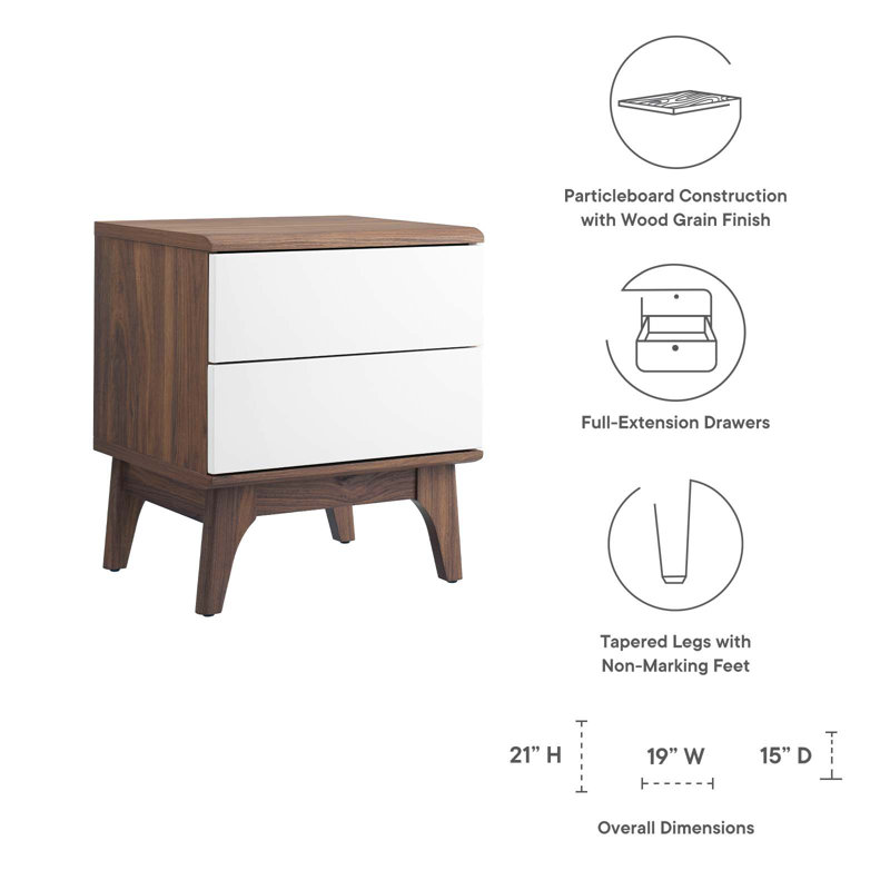 Walnut and White 2-Drawer Nightstand with Tapered Legs