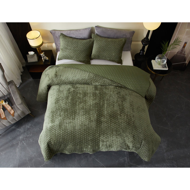 Couvre-lit en velours Zera Cross, Couvre-lit très grand + 2 taies d'oreiller très , Vert