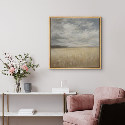 Wheat Field Framed Canvas Wall Art Print - Tranquil Countryside Landscape Painting Print for Rustic Farmhouse Decor