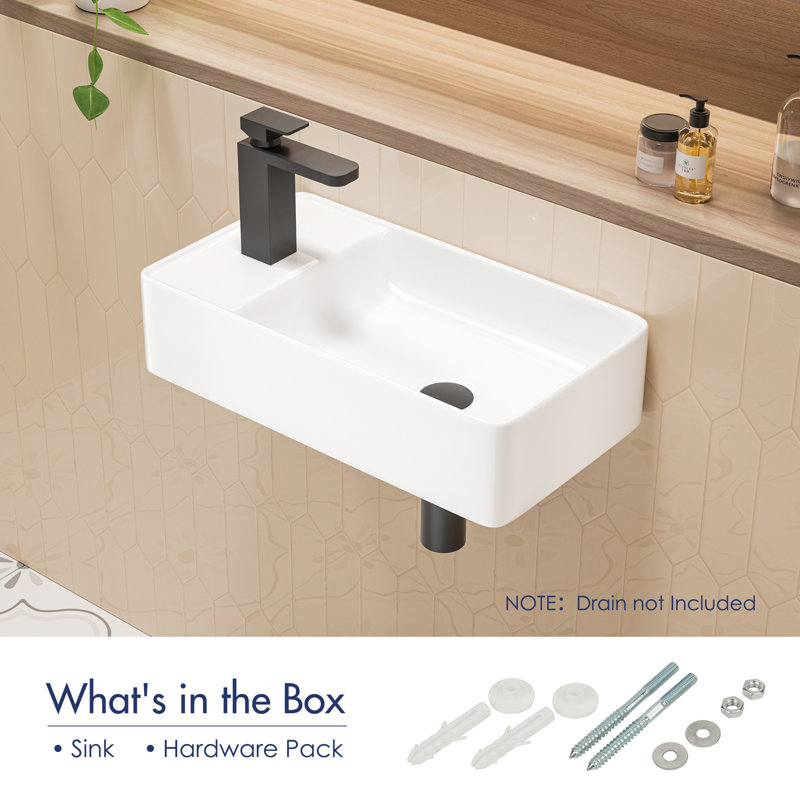 Turner 18" x 10'' White Ceramic Rectangular Wall Mount/Vessel Sink, Small Bathroom Sink with Left-Handed Faucet Hole