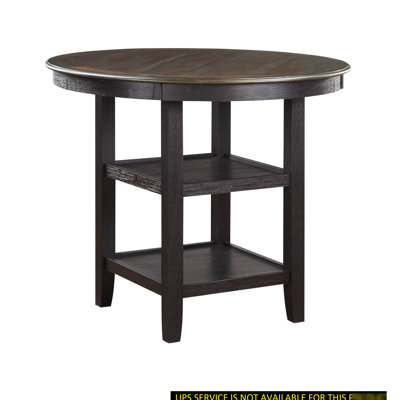 Table de salle à manger à hauteur de comptoir, transitionnelle, 2 tablettes, brun et noir et blanc, finition transitionnelle pour 4 personnes, salle d'exposition,