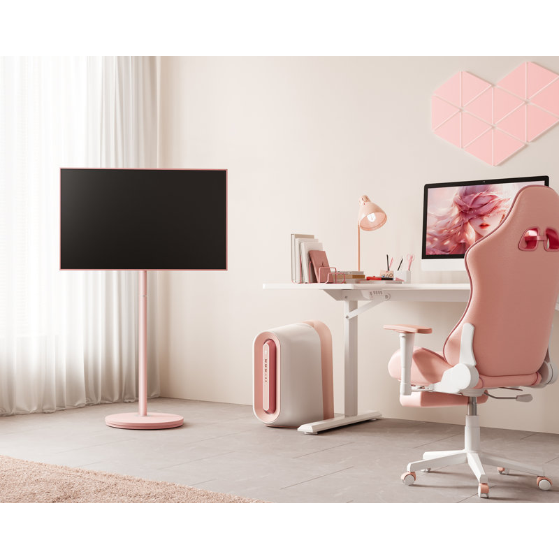 FITUEYES Design Rolling TV Cart For 24-48 Inches TV, Minimalist Modern TV Floor Stand On Wheels Fits Max VESA 200X200mm, Pink