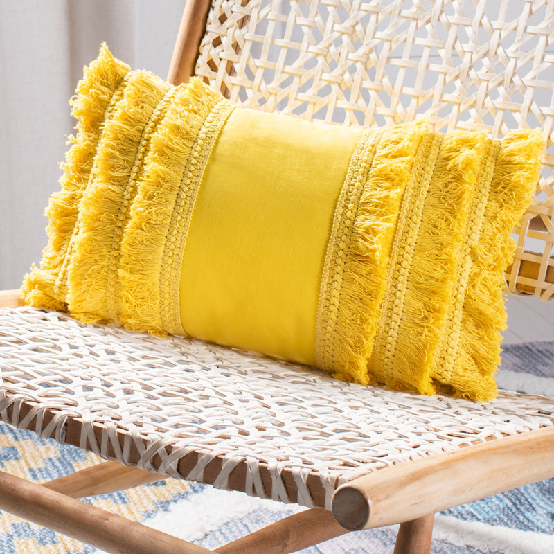 Fringed Cotton Throw Pillow, 12" x 20", Yellow, Rectangular