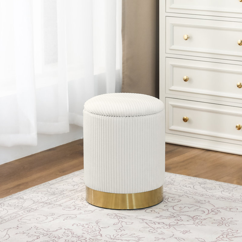 Tabouret de rangement rond, Or, Velours côtelé crème