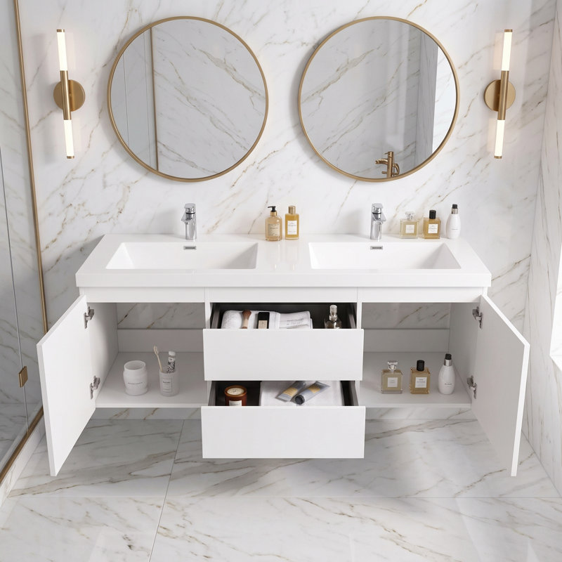Meuble-lavabo mural en bois fabriqué étanche de 60 pouces avec rangement intégré pour lavabo en résine, entièrement préassemblé.