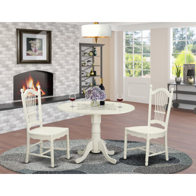 3 Piece Dining Room Table Set Contains a Round Kitchen Table with Dropleaf and 2 Dining Chairs, Linen White