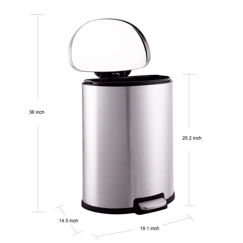 Poubelle à pédale en acier inoxydable semi-ronde 13 gallons (en forme de D) avec couvercle à fermeture en douceur