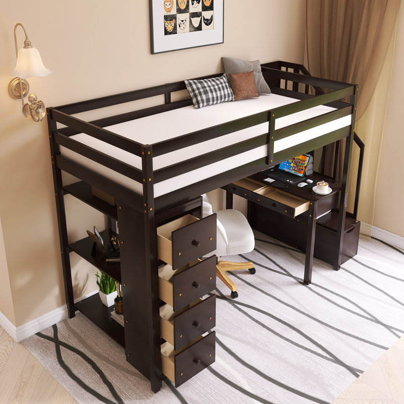 Wood Frame Twin Loft Bed With Storage Drawers,Desk And Stairs, Brown