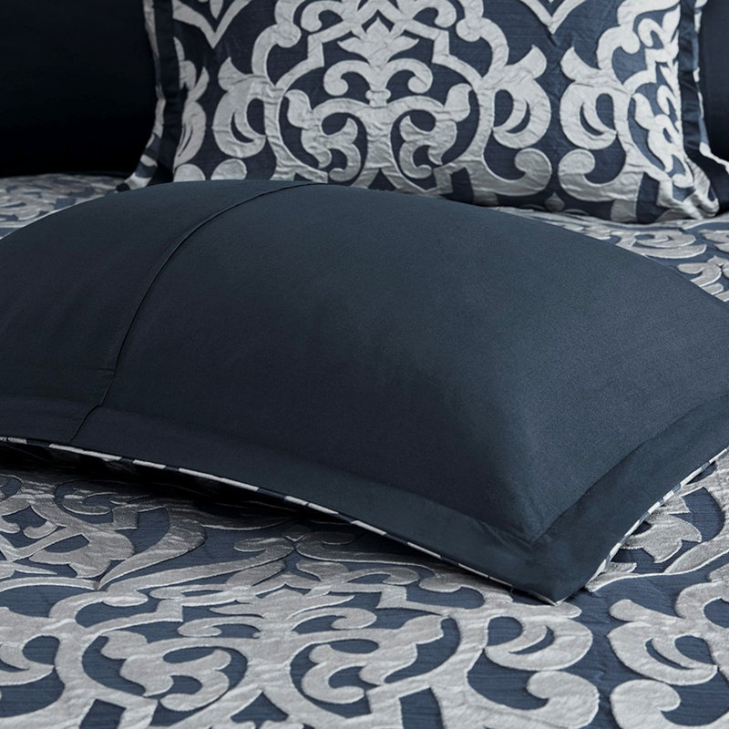 8 Piece Jacquard Comforter Set Navy/Silver