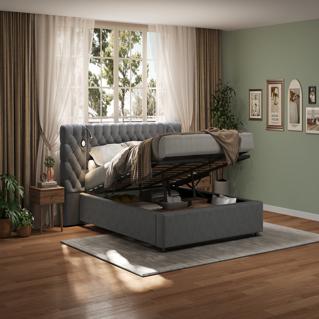 Gray Velvet 6ft 180×200cm Super King Hydraulic Storage Upholstered Bed with Wide Headboard & Adjustable Reading Light (Mattress & Nightstands Not Incl