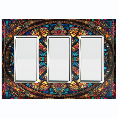Plaque d'interrupteur en métal ; interrupteur à bascule GFI triple, format standard américain – motif mandala en vitrail imprimé