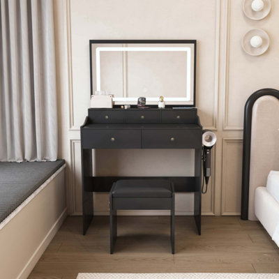 Large Mirror Modern Makeup Vanity Set for Bedroom, 3-Light Color Adjustable Dressing Table with Power Outlet, Hair Dryer Holder & 5 Storage Drawers