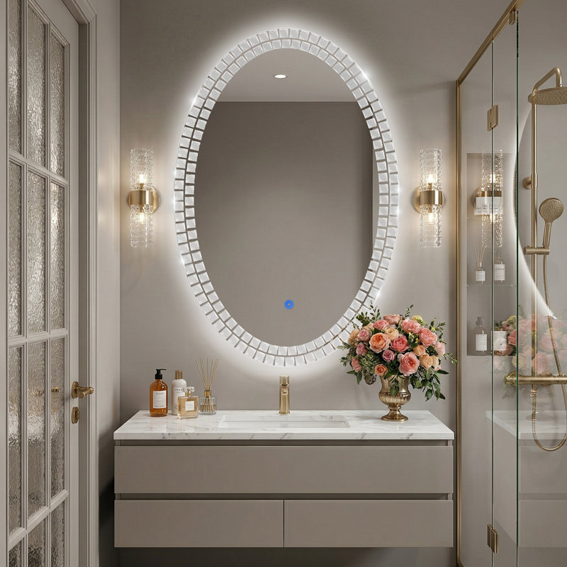 Oval Led Wall Mirror With Crystal Mosaic Accents