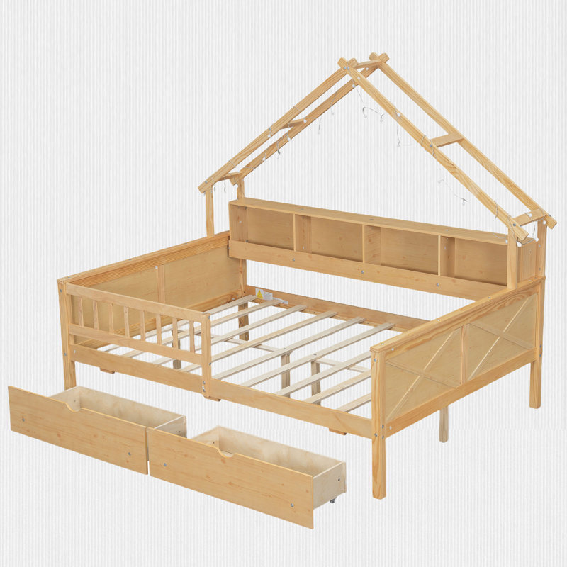 Full Size House Platform Bed With Storage, Natural
