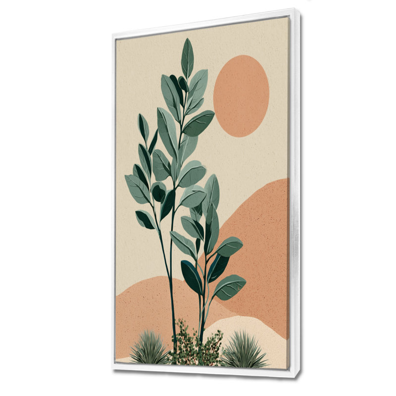 «Earth Tones Minimalisme Ferns Composition», impression sur toile botanique verte, H 60 po x l 28 po, Cadre flottant, Blanc