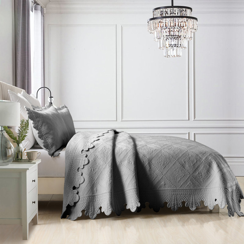 Tkembroidery Cotton Abstract Bedding, Queen Quilt + 2 Standard Shams, Light Gray