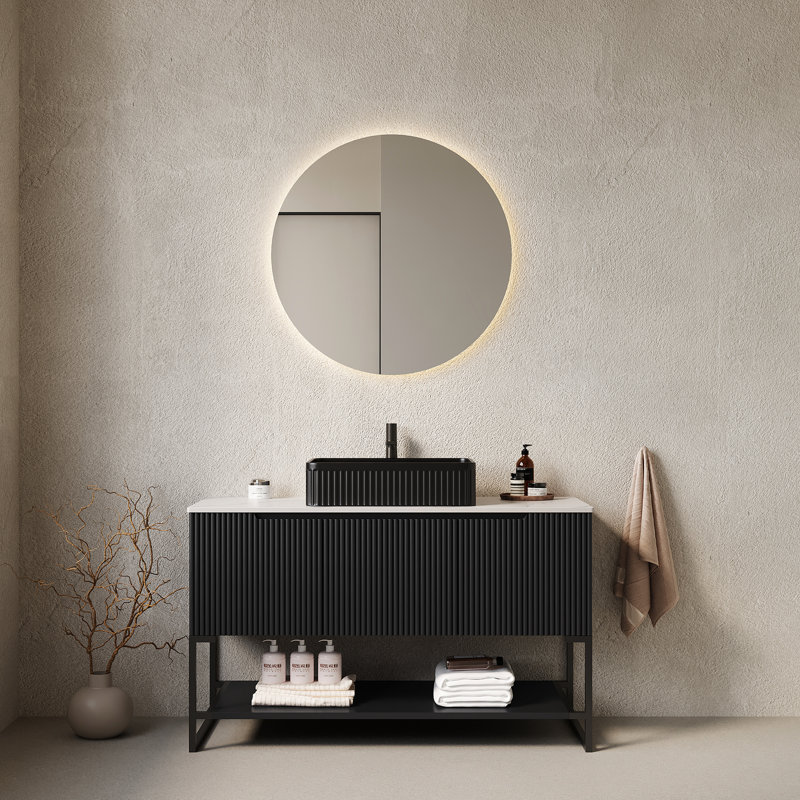 Meuble-lavabo autoportant avec lavabo vasque noir et pierre blanche