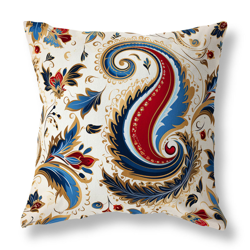 Coussin décoratif intérieur / extérieur Lavish Paisley, Bleu / cachemire rouge, H 26 po x l 26 po