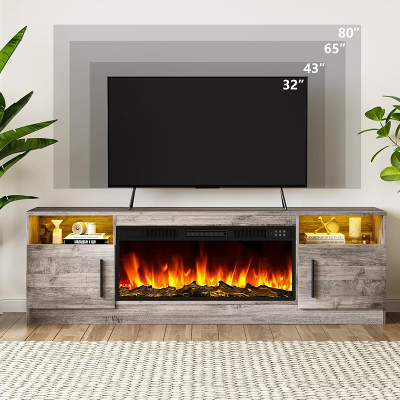 Fireplace Tv Stand Entertainment Center With 36" Fireplace, 70" Wooden Tv Stand For Tvs Up To 75", Media Tv Console With High Gloss Storage Cabinet And 16 Colors Led Lights