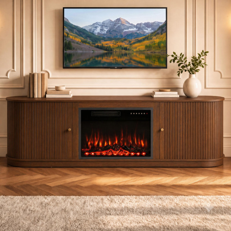 Meuble télé avec foyer Mid-Century, Noyer