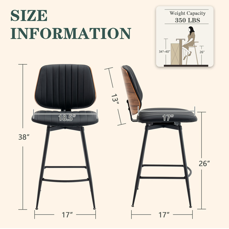Tabouret de comptoir pivotant rembourré, Noir, noir, noir, noir